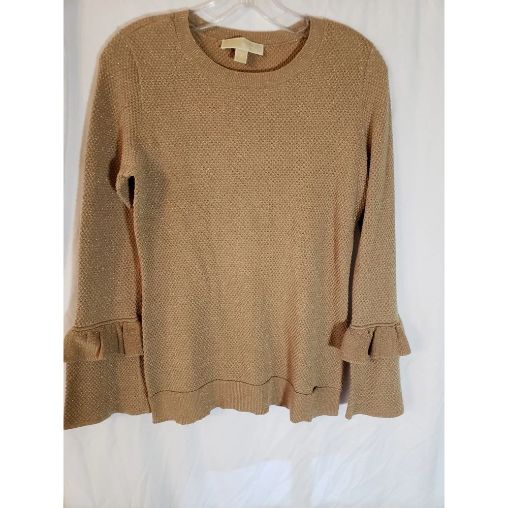 Women's Michael Kors Tan And Gold Metallic Long Sleeve Sweater Size S